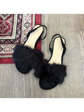 Black faux fur strappy sandals with ankle strap